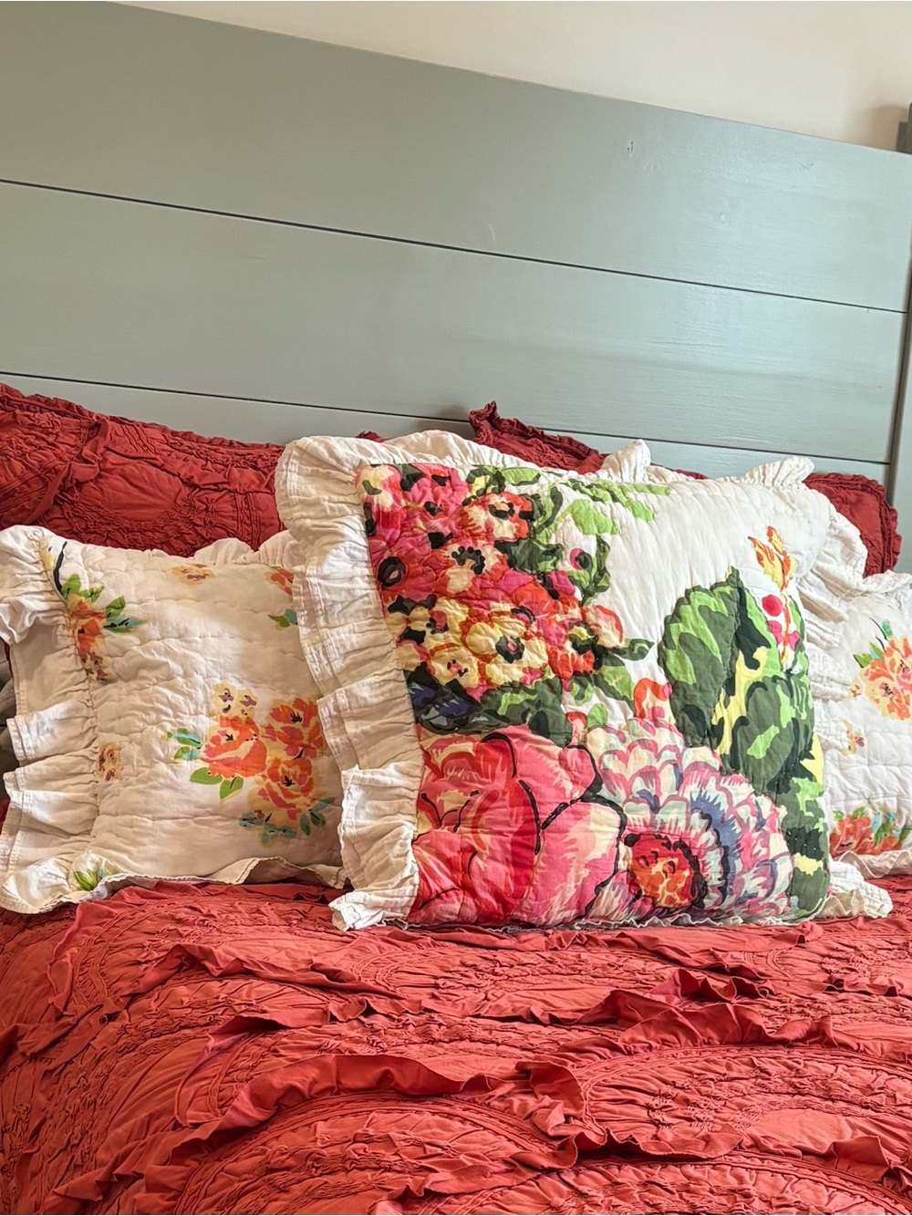 Anthropologie Esperanza White Floral Ruffle Euro Sham & 2 Regular Sized Shams
